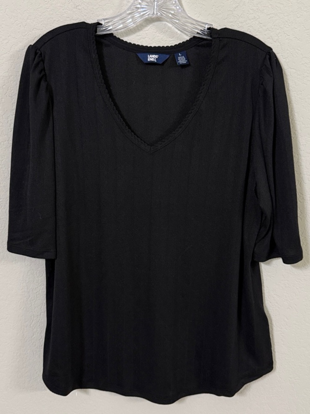 Lands' End Pointelle Black V-Neck Top With Elbow Sleeves